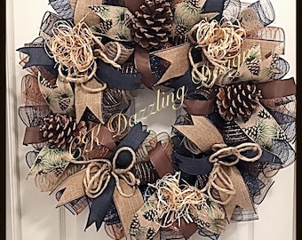 Navy Burlap and Brown Deco Mesh Wreath/Burlap Wreath/Country Wreath/Navy Wreath/Cabin Wreath