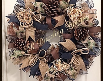 Navy Burlap and Brown Deco Mesh Wreath/Burlap Wreath/Country Wreath/Navy Wreath/Cabin Wreath