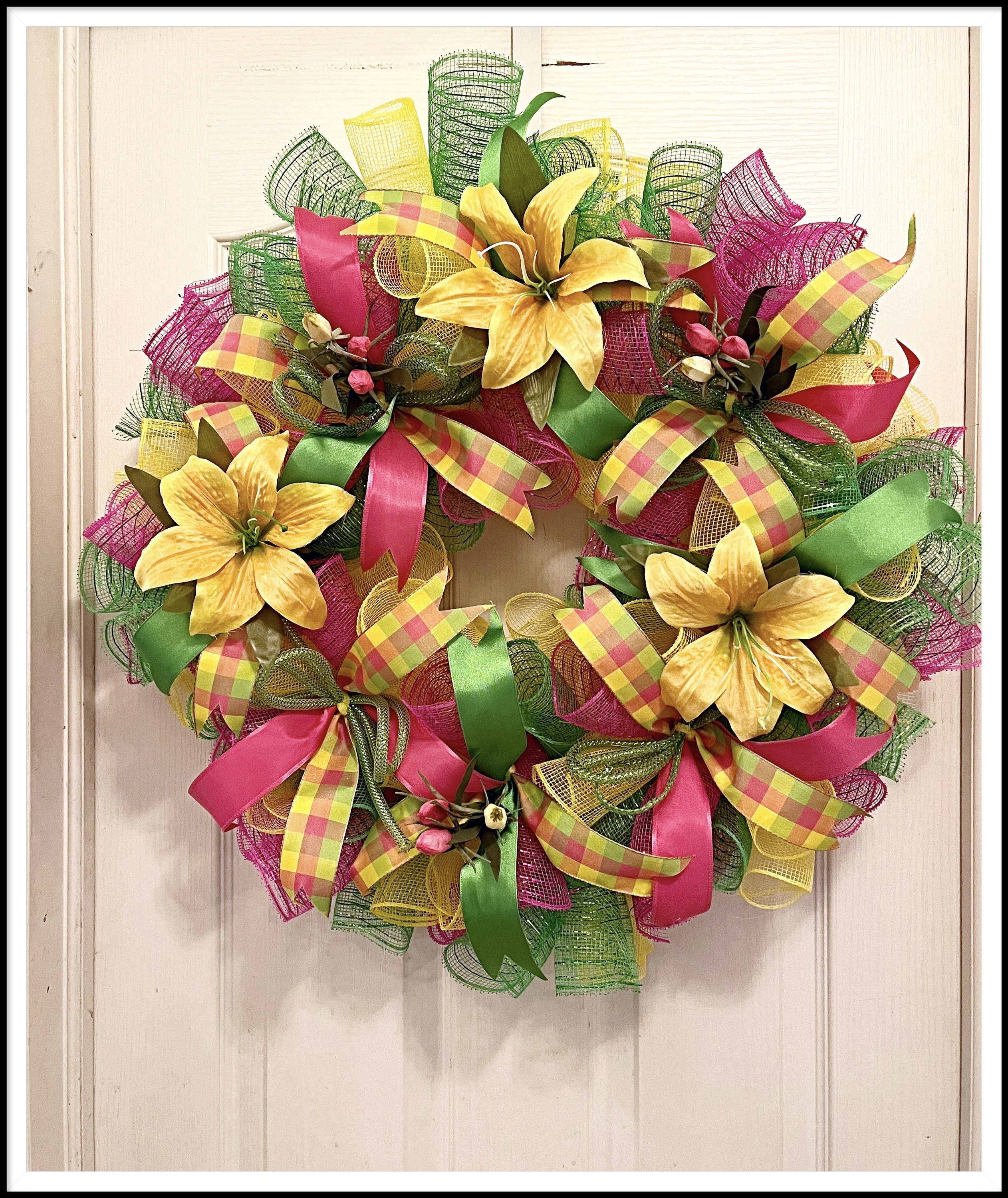 Yellow Lily Deco Mesh Wreath/pink, Lime and Yellow Wreath/yellow Lily