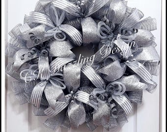 All Silver Wedding Deco Mesh Wreath/Anniversary Wreath/Celebration Wreath/Silver Wreath/Christmas Wreath/Winter Wreath