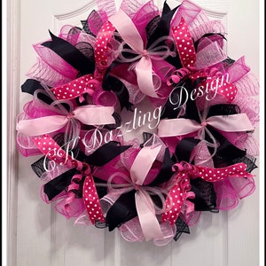 Pink Poke A Dot Deco Mesh Wreath/Pink and Black Wreath/Everyday Pink and Black Wreath
