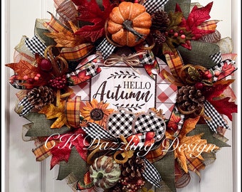 Hello Autumn buffalo check deco mesh wreath/fall buffalo plaid wreath/fall wreath/autumn Wreath