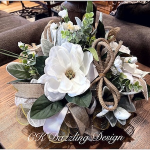 15" Magnoila and Lambs ear deco mesh table centerpiece