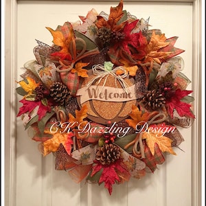 Fall Pumpkin Wreath: Deco Mesh, Glittered Leaves & Welcome Sign
