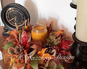 20" Fall Candle Centerpiece Arrangement(candle not included)/Fall Deco Mesh Centerpiece/Fall Candle Arrangement/Candle  Centerpiece