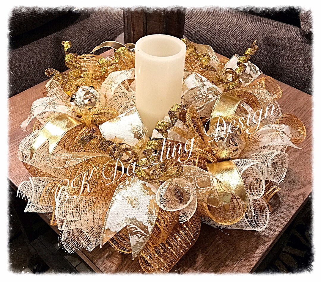 20 Christmas Ivory and Gold Deco Mesh Candle Arrangementcandle Not