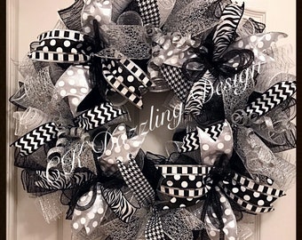 Silver Black and White  Everyday Deco Mesh Wreath/Black Silver and White Wreath