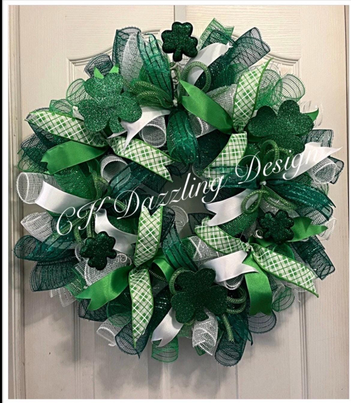 St Patrick's Day Shamrock Wreath: Green Deco Mesh, Plaid Ribbons