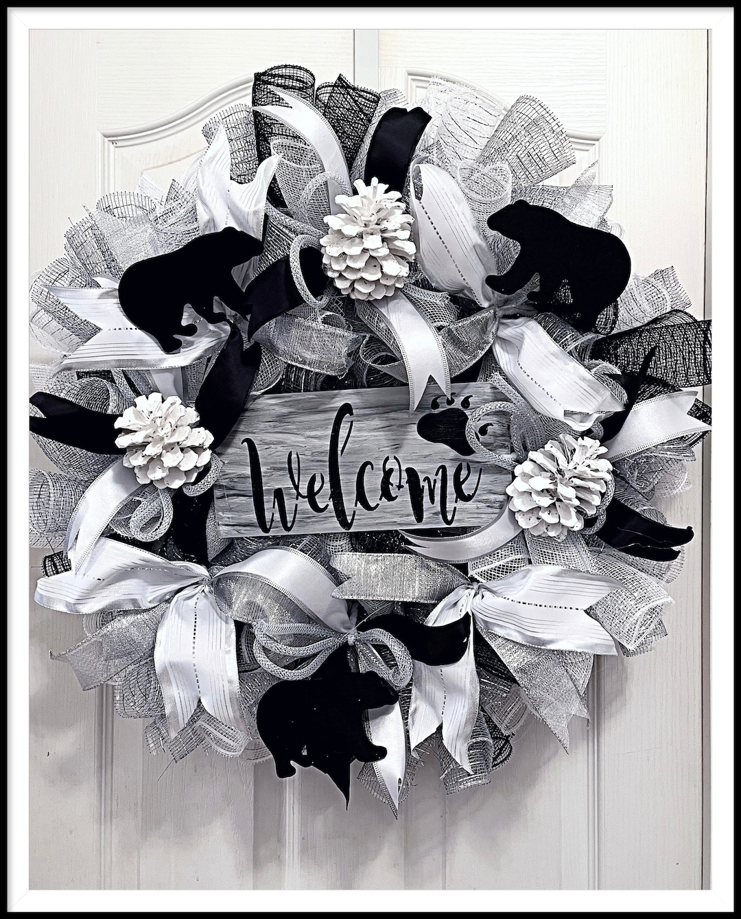 Welcome Bear Gray and White Pinecone Deco Mesh Wreath/welcome