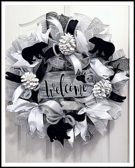 Welcome Bear Gray and White Pinecone Deco Mesh Wreath/welcome