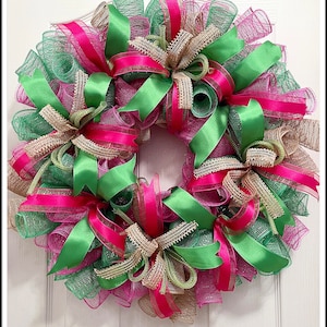 Pink, Lime and Burlap Deco Medh Wreath/Burlap Wreath/Lime Wreath/Summer Wreath/Lime Wreath/
