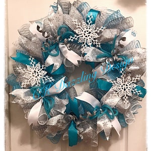 Frozen Snowflake Turquoise and Silver Deco Mesh Wreath/Frozen Wreath