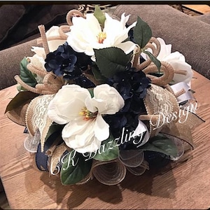 Magnolia & Hydrangea Table Centerpiece, White and Navy Deco Mesh Arrangement