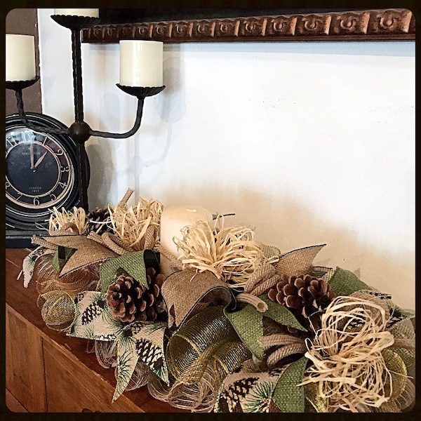 20 inch burlap moss pinecone Deco mesh arrangement/pinecone arrangement/rustic arrangement/Burlap arrangement