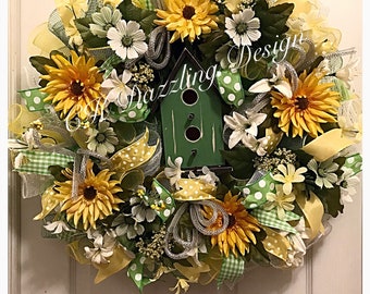 Spring Birdhouse Yellow Chrysantheum Deco Mesh Wreath/Spring Wreath/Summer Wreath/Yellow Chrysanthemum Wreath/Birdhouse Wreath