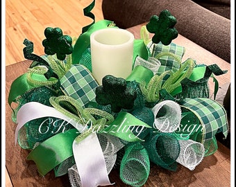 15" St Patricks Day Deco Mesh Candle Arrangement (candle not included)/St Patricks Arrangement/St Patricks Centerpiece/candle Arrangement