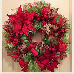 Gold Mesh Wreath Christmas Wreath Front Door Wreath White Poinsettia Joy Mesh Wreath CLEARANCE