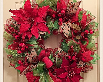 Elegant Christmas Poinsettia deco mesh wreath/Christmas Wreath/Poinsettia Wreath/Red and Lime Poinsettia Wresth