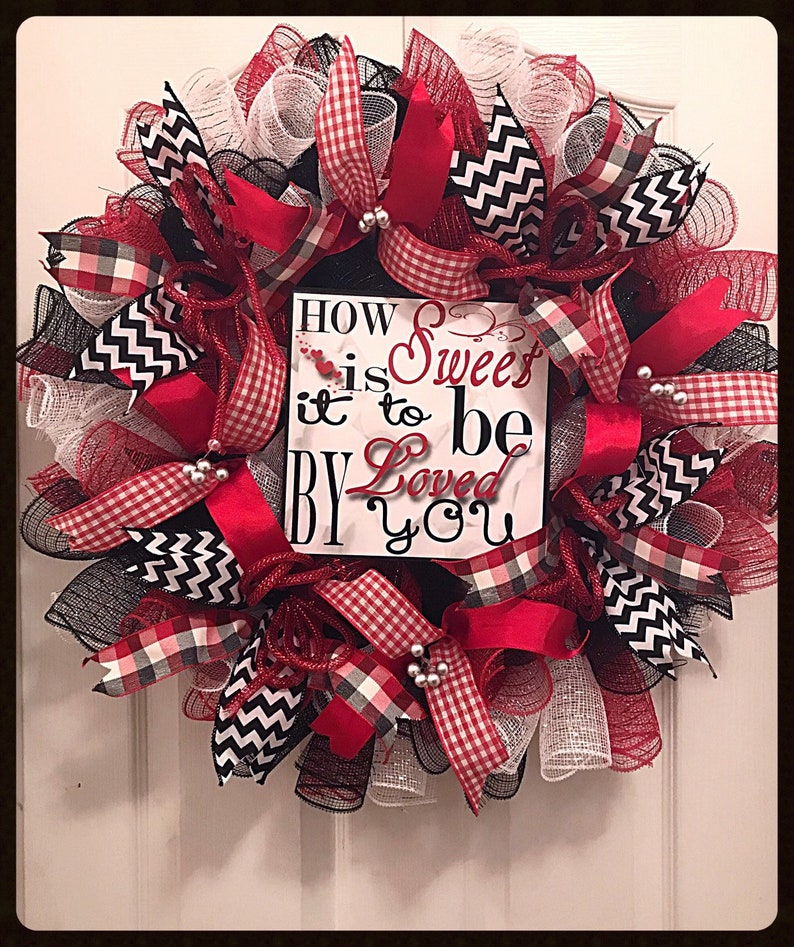 Valentine Red, Black and White Sign Deco Mesh Wreath/Red, Black and White Wreath/Valentine Wreath image 1