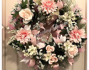 Elegant pink rose and Dalia floral deco mesh wreath/pink wreath/wedding wreath/floral wreath/pink rose wreath/