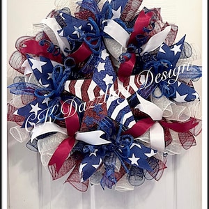 Patriotic Americana Star Deco Mesh Wreath/4th of July Wreath/Labor Day Wreath/Burgundy, Navy and Cream Wreath