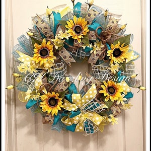 Sunflower turquoise and yellow deco mesh wreath/sunflower wreath/turquoise wreath/Summer sunflower wreath
