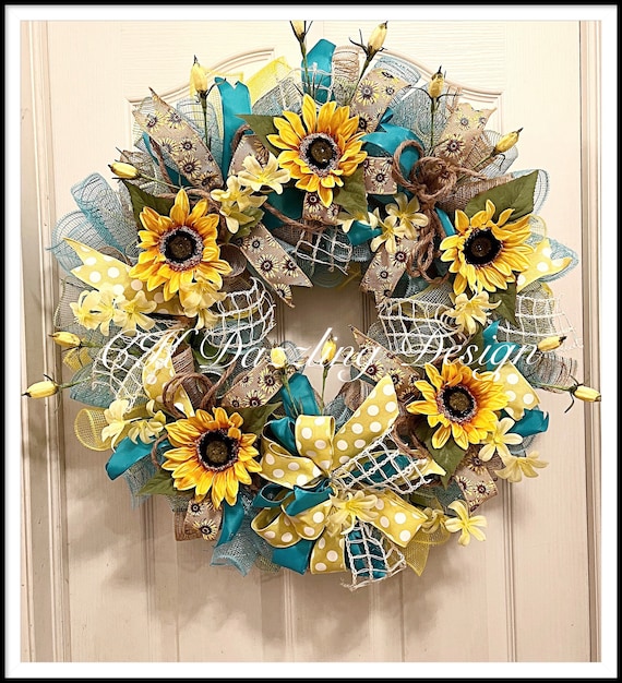 Sunflower Turquoise and Yellow Deco Mesh Wreath/sunflower Wreath
