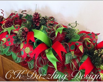 Red and Lime Christmas Centerpiece with Mesh and Glittered Pinecones