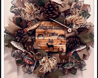 Fishing and Hunting personalized deco mesh wreath/fishing wreath/hunting wreath/personalized fishing and hunting wreath