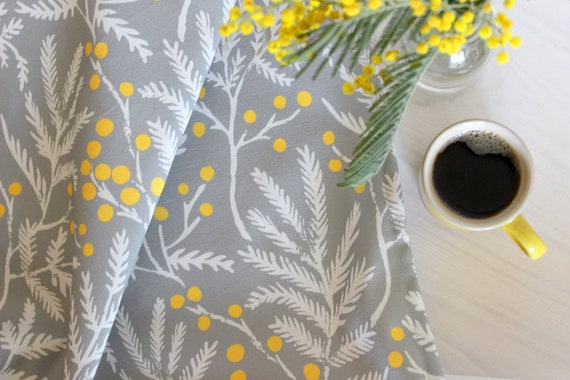 Mimosa tea towel - floral tea towel, floral fabric, kitchen decor, kitchen textiles, yellow and grey fabric, grey kitchen towel