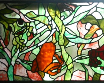 SOLD OUT frogs in the forest, stained glass panel, you can order similar, contact me for details.