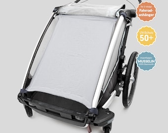 Pare-soleil pour remorque de vélo en mousseline UV 50 + voile d'ombrage, (THULE Cross, Coozer keeke, HAUK dryk) 2 places, voile d'ombrage, Sören, gris mousseline