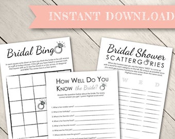 May include: Printable bridal shower game cards with black text on white paper. The cards include a bridal bingo game, a bridal shower scattergories game, and a "How Well Do You Know the Bride?" game.