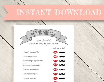 Bridal Shower Game He Said She Said, Wedding Shower Game Questions, Bride and Groom Game, Wedding Game, Digital Download
