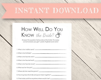 Bridal Shower Game How Well do you Know the BRIDE Quiz, Bridal Shower Game Digital Download, Wedding Game, Bridal Shower Editable Template
