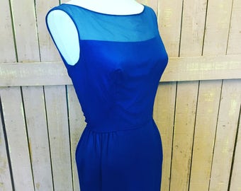 Sexy Vintage 50's electic blue chiffon wiggle dress Sz 24" waist