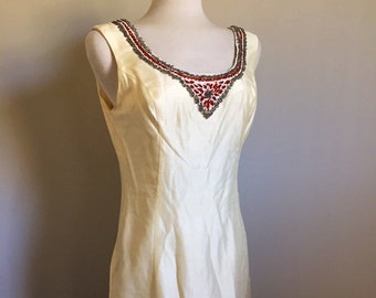 Vintage 1960's Ivory corded silk Beaded Cocktail Evening Dress Sz 30" W