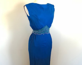 Sexy Vintage Aqua Beaded Chiffon Cocktail Dress Sz 26" W