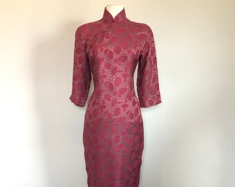 Vintage 60’s Plus Size Sexy Cheongsam Brocade evening dress Sz 34” W