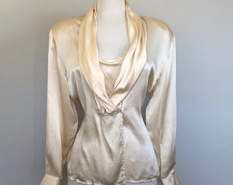 Chemisier à manches longues en soie ivoire vintage des années 80 Sz 42" B