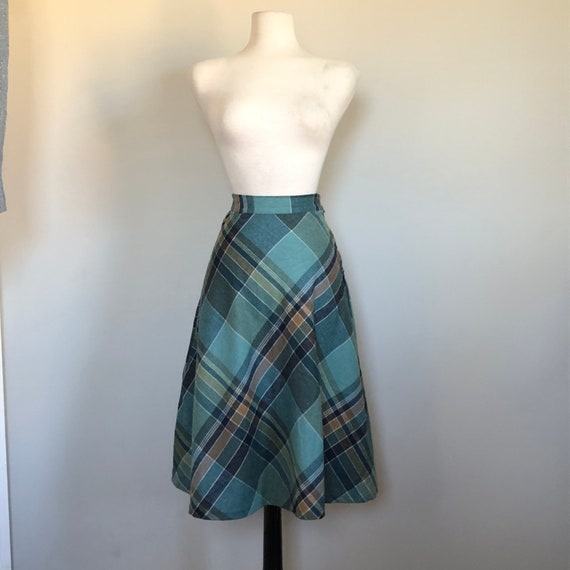 Vintage 70’s 80’s Aqua Wool Plaid A Line Skirt Sz… - image 2
