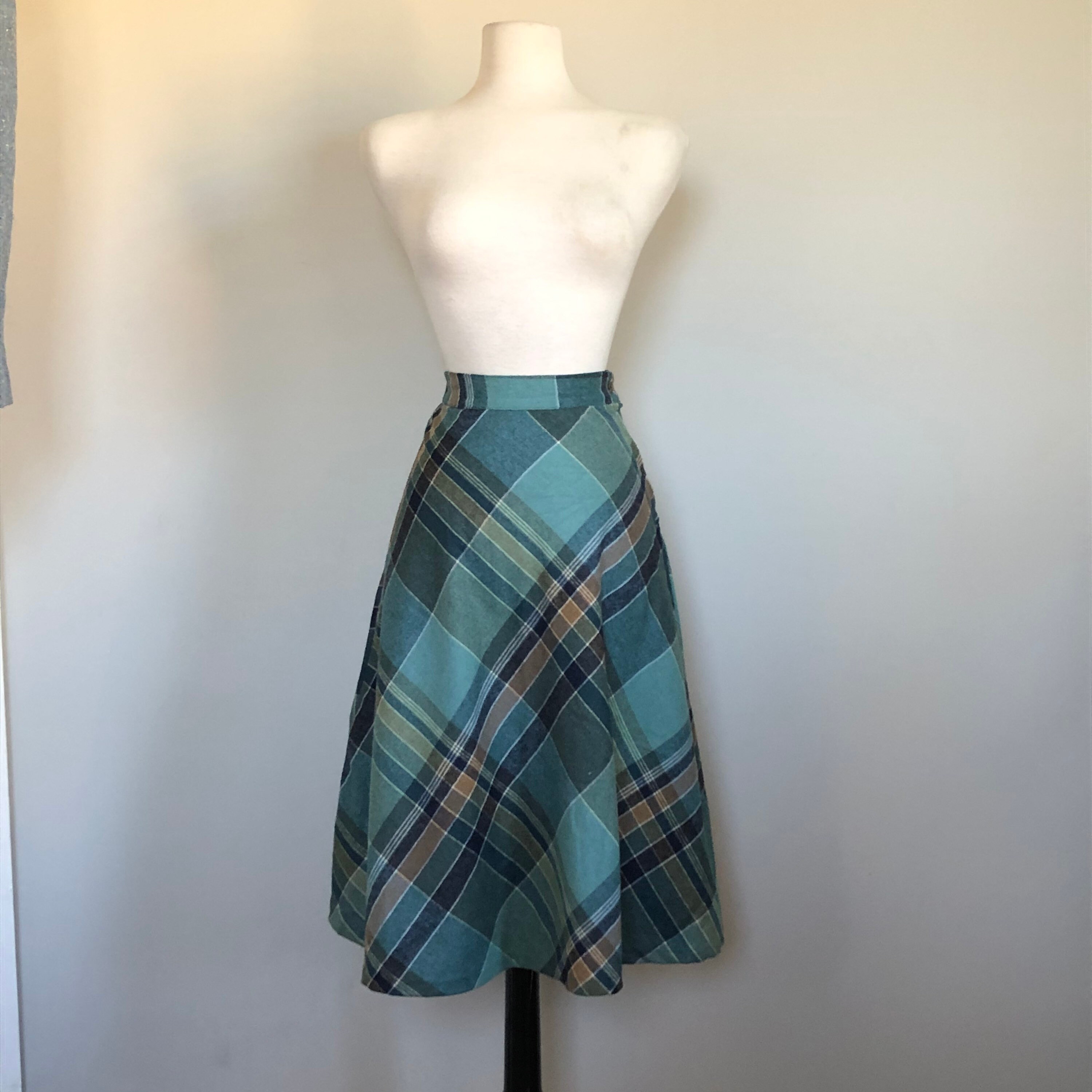 Vintage 70's 80's Aqua Wool Plaid A Line Skirt Sz 24-26” W