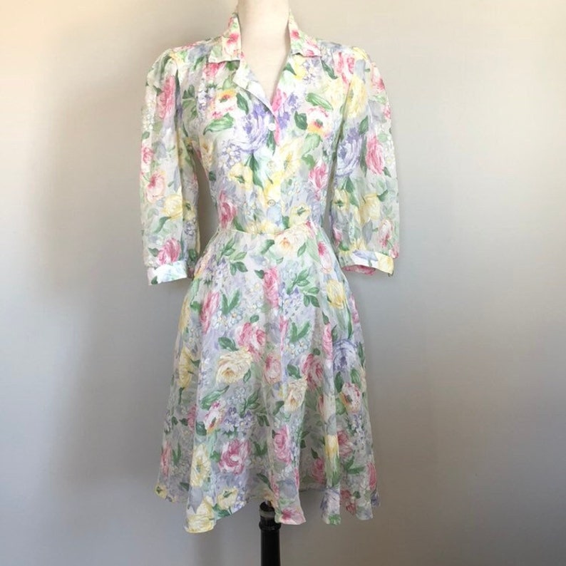 Vintage 80's Does 40's Floral Semi Sheer Summer Day Dress Sz 32 W image 1
