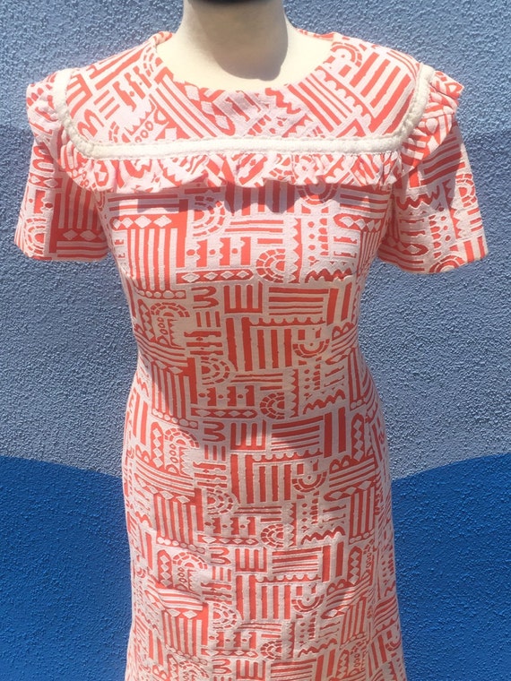 Vintage 60's Aztec tribal ruffle neckline summer … - image 2