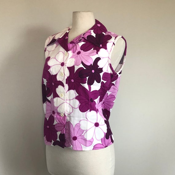 Vintage 60’s 70’s Purple Floral print Hawaiian Bl… - image 3