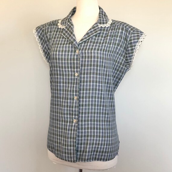 Vintage 60’s lace trim plaid day plus size blouse… - image 3