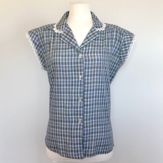 Vintage 60’s lace trim plaid day plus size blouse… - image 1