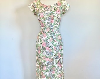 Fantastic Vintage 50’s plus size sexy floral sequin lace wiggle dress Sz 32” W