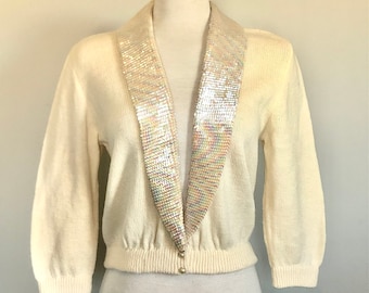 Vintage 50’s style retro sequined shawl collar Ivory cardigan Sz 40-44” B