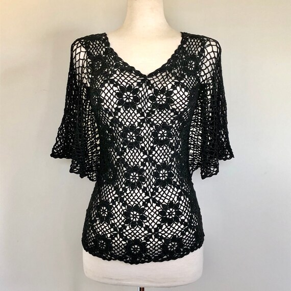 Sexy Vintage 70’s 80’s Black Boho Crochet flutter… - image 1